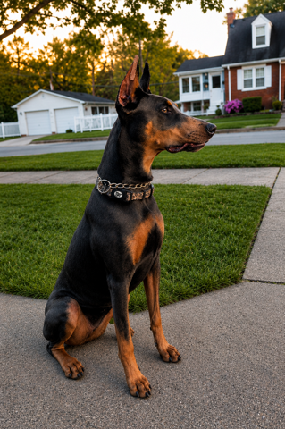 Violet seated on a lawn at sunset
