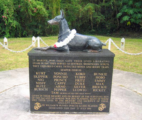 The Marine War Dog Memorial in Guam, led by a sculpture of Kurt